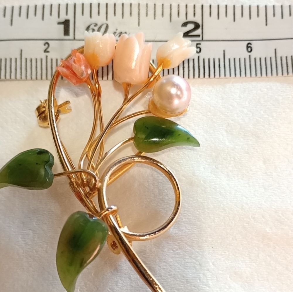 Estate Gold and Green Floral Brooch with Pearl - Picture 8 of 16